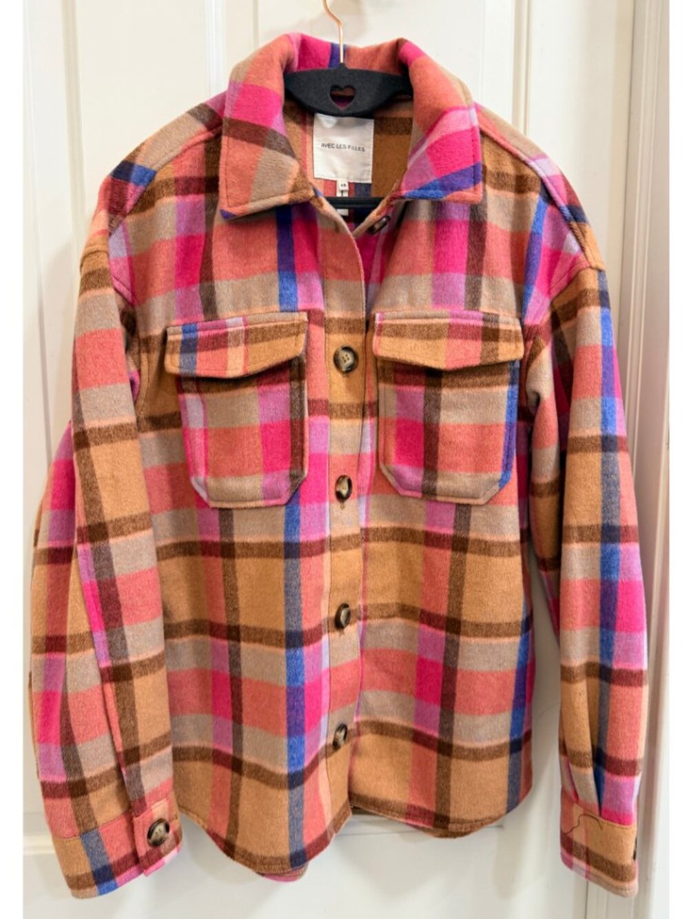Avec Les Filles Pink & Camel Multicolor Plaid Shacket XS
